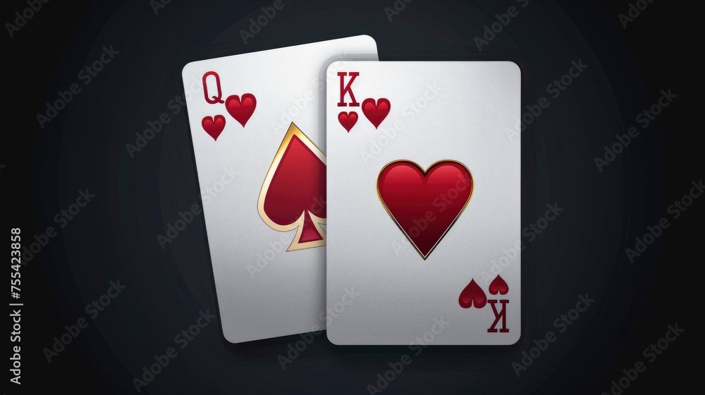 Hearts Royalty. Two Playing Cards Featuring the Queen and King of Hearts, Symbolizing Romance and Royalty in the Deck.