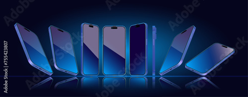 Smartphone mockup in different angles with editable Screen. 3D perspective view mobile phone mockup. Front, perspective side view template. Vector.