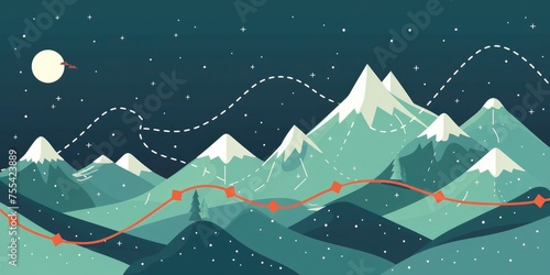 A Modern Explorer Journey Map Featuring a Wavy Central Line Representing the Path, Flanked by Mountains on Either Side and Waves at the Finishing Line, Symbolizing Adventure and Discovery. © EMRAN