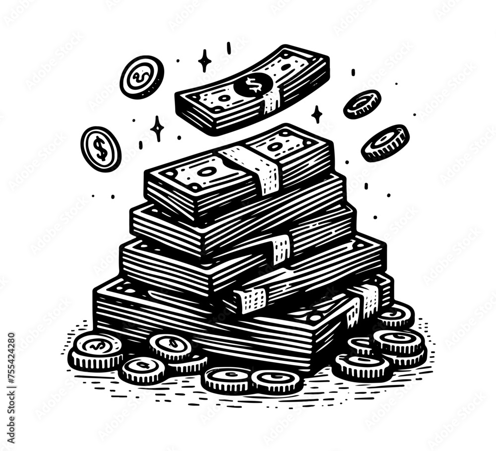 a pile of money hand drawn illustration vector
