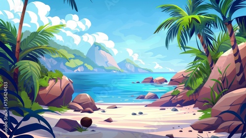 Modern illustration of an empty seashore in a summer tropical lagoon with calm sea and ocean water. The coastline has stones, palm trees, coconuts, and rocky mountains. The sky is blue with clouds.