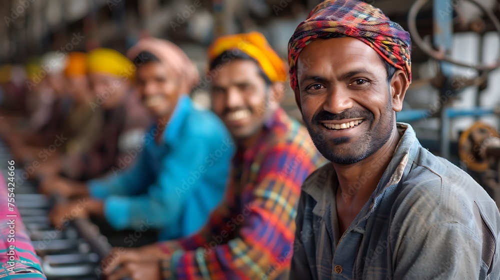A group of Indian male workers in a clothes factory