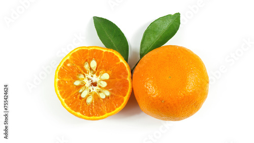 Fresh ripe oranges fruit with green leaves isolated on white background.