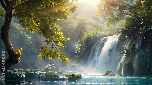 Majestic waterfall cascading into a serene river amidst lush forest illuminated by sunlight rays. 