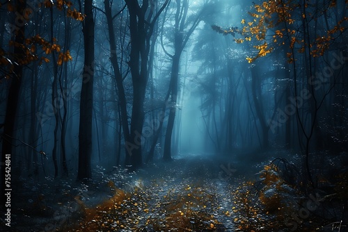 Mystical forest pathway with golden leaves and ethereal blue fog lighting up the woodland scenery.