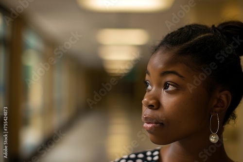 A contemplative young woman gazes into the distance in a softly lit corridor  expressing thoughtfulness and serenity. 