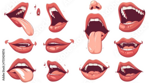 Kit of animated words with woman's mouth. Cartoon modern illustration set of young female character with four different positions of her lips and tongue during speaking and pronunciation of the photo