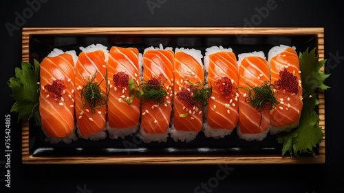 Delicious sushi salmon on a wooden tray in the kitchen.