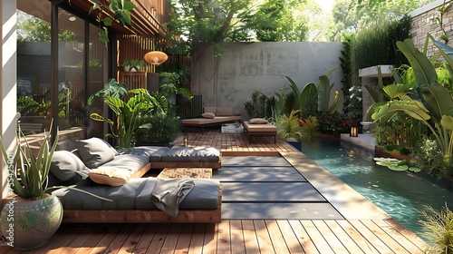 A modern backyard oasis featuring a luxurious pool, comfortable lounge area, lush greenery, and stylish wooden deck accents under sunlit conditions, ideal for outdoor living.  photo