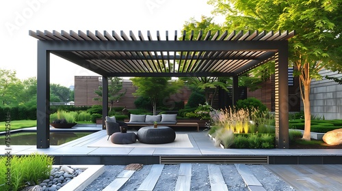 Modern outdoor patio with pergola, lounge furniture, and landscaped garden at dusk  photo
