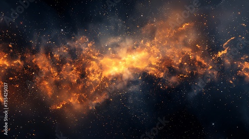 An abstract cosmic background depicting a fiery explosion in space, resembling a nebula or supernova, glowing with intense orange and yellow hues amidst the darkness of the universe. 