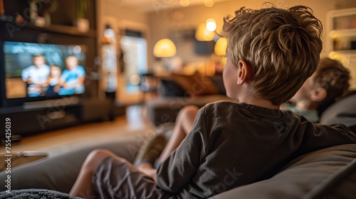 A young boy is watching television intently from a cozy living room sofa.  photo