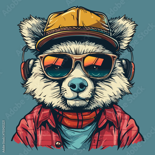 Funny cartoon raccoon vector illustration hipster animal in clothes.