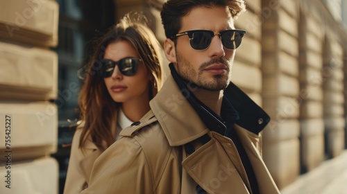 A couple in stylish sunglasses and beige trench coats posing under sunlight on a city street