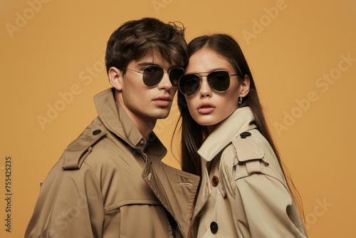 Trendy young man and woman in sunglasses and trench coats against a yellow background