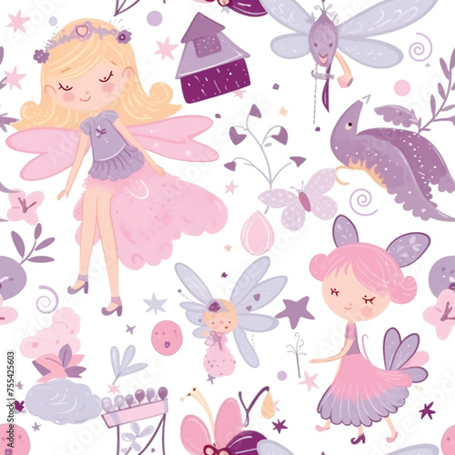 Fairy tale fantasy cute fun seamless pattern for baby girls. Vector ornamental beautiful colorful background in pink lilac colors. Fairytale repeat funny backdrop. Childish fabric pattern, wallpaper