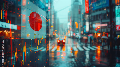 Japan flag with stock exchange trading chart double exposure, Asian trading stock market digital concept photo