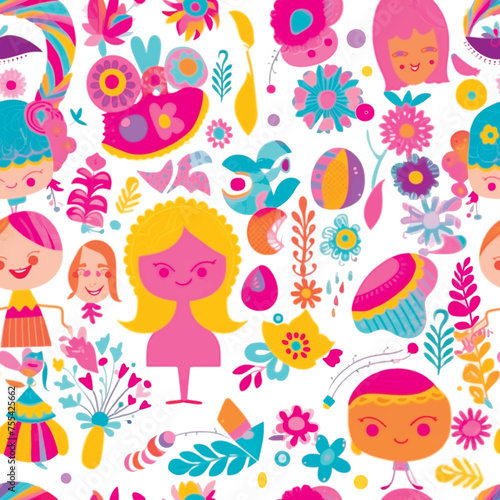 Fantasy cute fun ethnic style seamless pattern for little girls. Vector ornamental beautiful colorful background in pink colors. Fairytale repeat floral backdrop. Childish fabric pattern  wallpaper