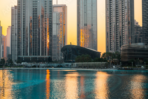 Dubai downtown modern skyscrapers at sunset. Dubai, United Arab Emirates.