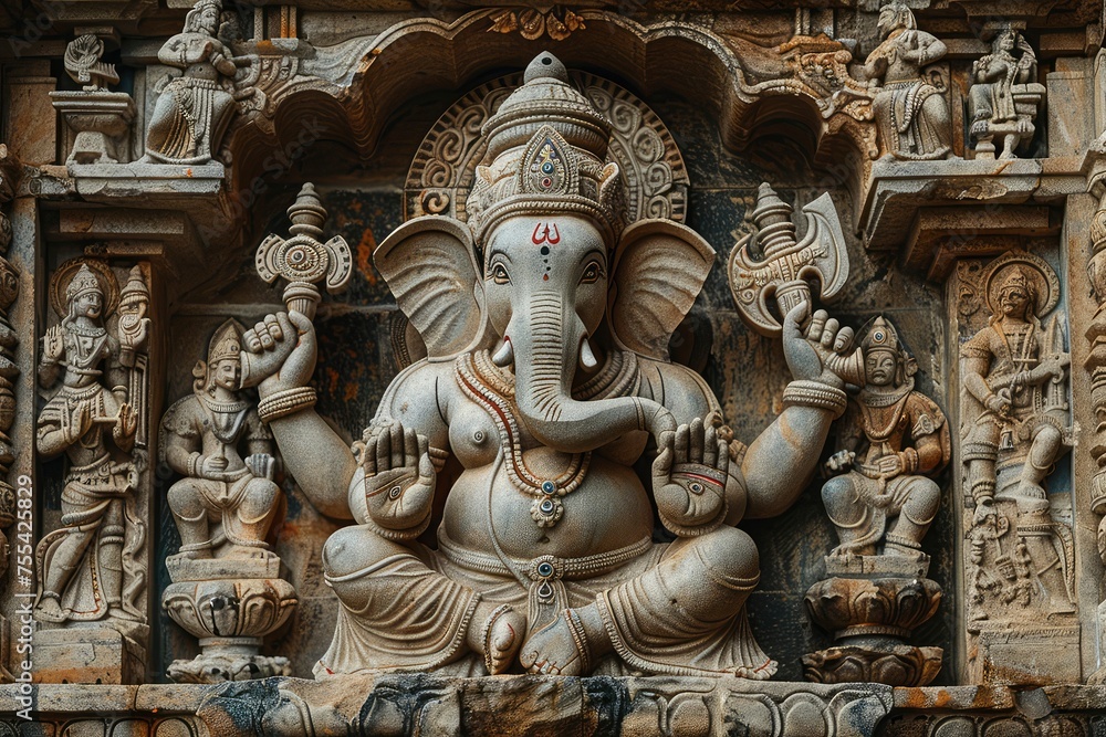Detailed stone sculpture of Lord Ganesha in an ancient temple, showcasing traditional Indian craftsmanship.
generative ai