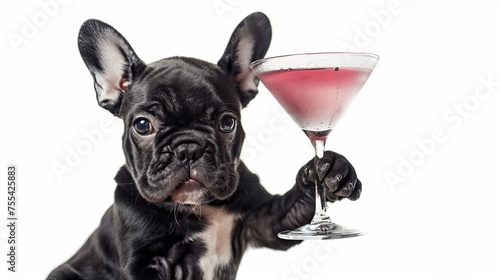 french bulldog dog celebrating new years eve with owner and champagne glass isolated on white background , wide angle view  © Maria