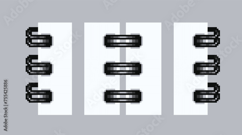 Metal binder pixel art set. Spiral coils for notebook collection. Bindings rings 8 bit. Game development, mobile app. Isolated vector illustration. Cross stitch pattern.