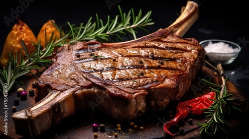 Delicious t-bone steak with rosemary. T-bone steak cooked on a wooden tray.