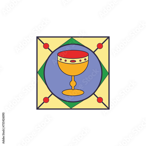 Vector stained glass church window with the image of The Holy Grail Cup.