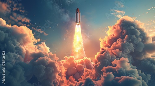 Envision a dynamic 3D render: the launch of a new product or service portrayed through a technology development process, reminiscent of a space rocket liftoff.