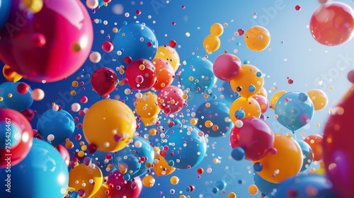A dynamic explosion of colorful balloons floating in mid-air,