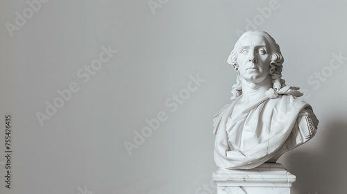Classic white marble bust on a pedestal against a gray background. timeless sculpture art. perfect for educational or artistic use. AI