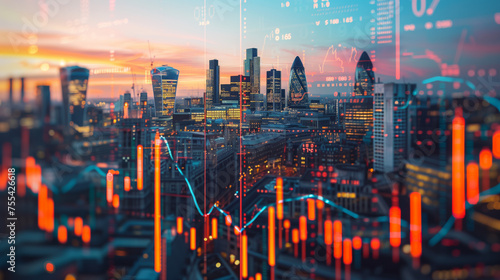 London business skyline with stock exchange trading chart double exposure, British UK English trading stock market digital concept