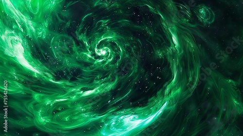 A vibrant swirl of green color resembling a galaxy in deep space,