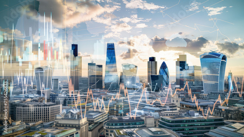London business skyline with stock exchange trading chart double exposure, British UK English trading stock market digital concept photo