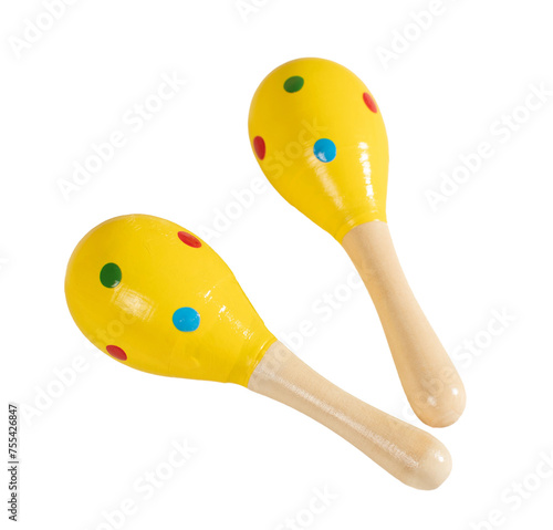 Two wooden maracas are sitting on a white background