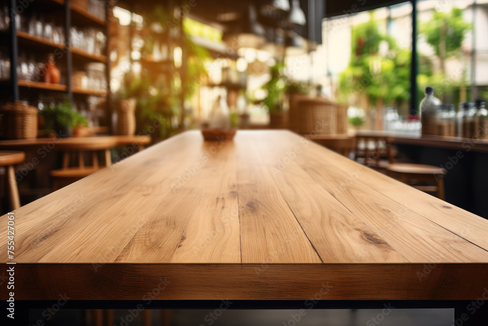 Empty wooden table for product demonstration and presentation on the background of cafe, restaurant, .