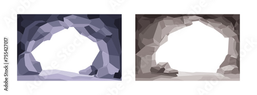 Stone caves entrance, empty view. Vector illustration in cartoon flat.