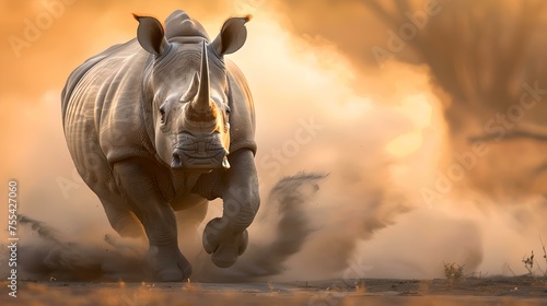 Imposing rhino charging across dusty african plains at sunset. dynamic wildlife scene with a powerful feel. nature in action captured in warm tones. AI