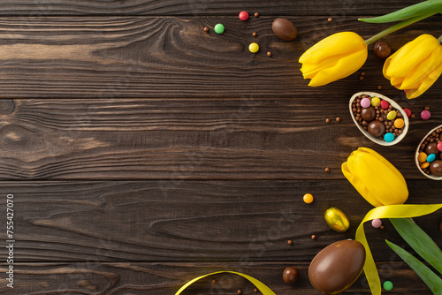 Sweet Easter moments concept. View from top of chocolate eggs opened up to reveal colorful sweets, and blooming yellow tulips on a wood surface, with space for messages or ads