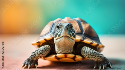 The turtle looks ahead on a bright background.