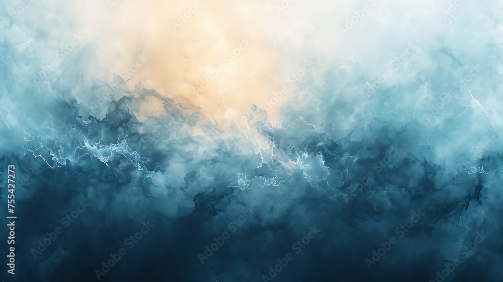 Ethereal abstract background of blue and gold resembling a dreamy seascape or cloud formation, offering a serene and textured backdrop for creative projects.  - obrazy, fototapety, plakaty 