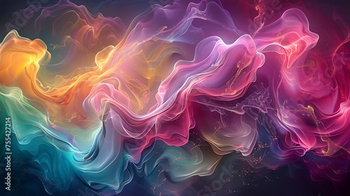 Swirling abstract waves with a blend of warm and cool colors, resembling a fluid motion