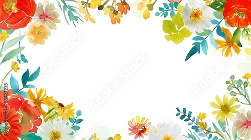 Watercolor-style floral frame with a variety of colorful flowers on a white background, copy space