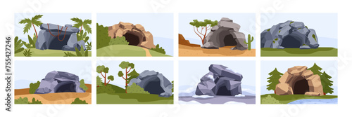 Stone caves, set of vector illustration in colored flat cartoon style