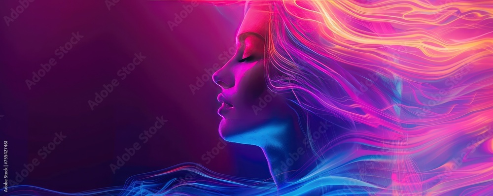 Ethereal Neon Glow. A Woman Enveloped in Flowing Neon Lights, Creating a Realistic Yet Otherworldly Aura of Beauty and Mystery.