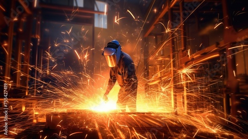 Industrial worker with protective mask welding metal on construction site. photo