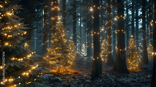 Magical forest with Christmas trees and glowing lights