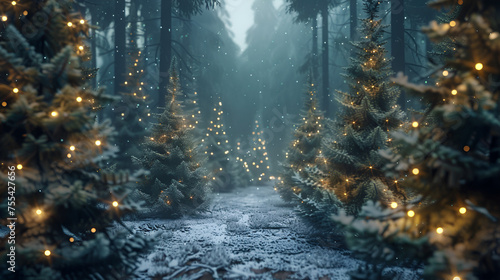 Magical forest with Christmas trees and glowing lights bright light path
