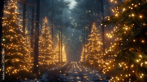 Magical forest with Christmas trees and glowing lights light pathway