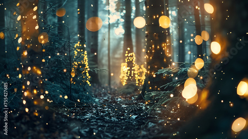 Magical forest with Christmas trees and glowing lights forest floor